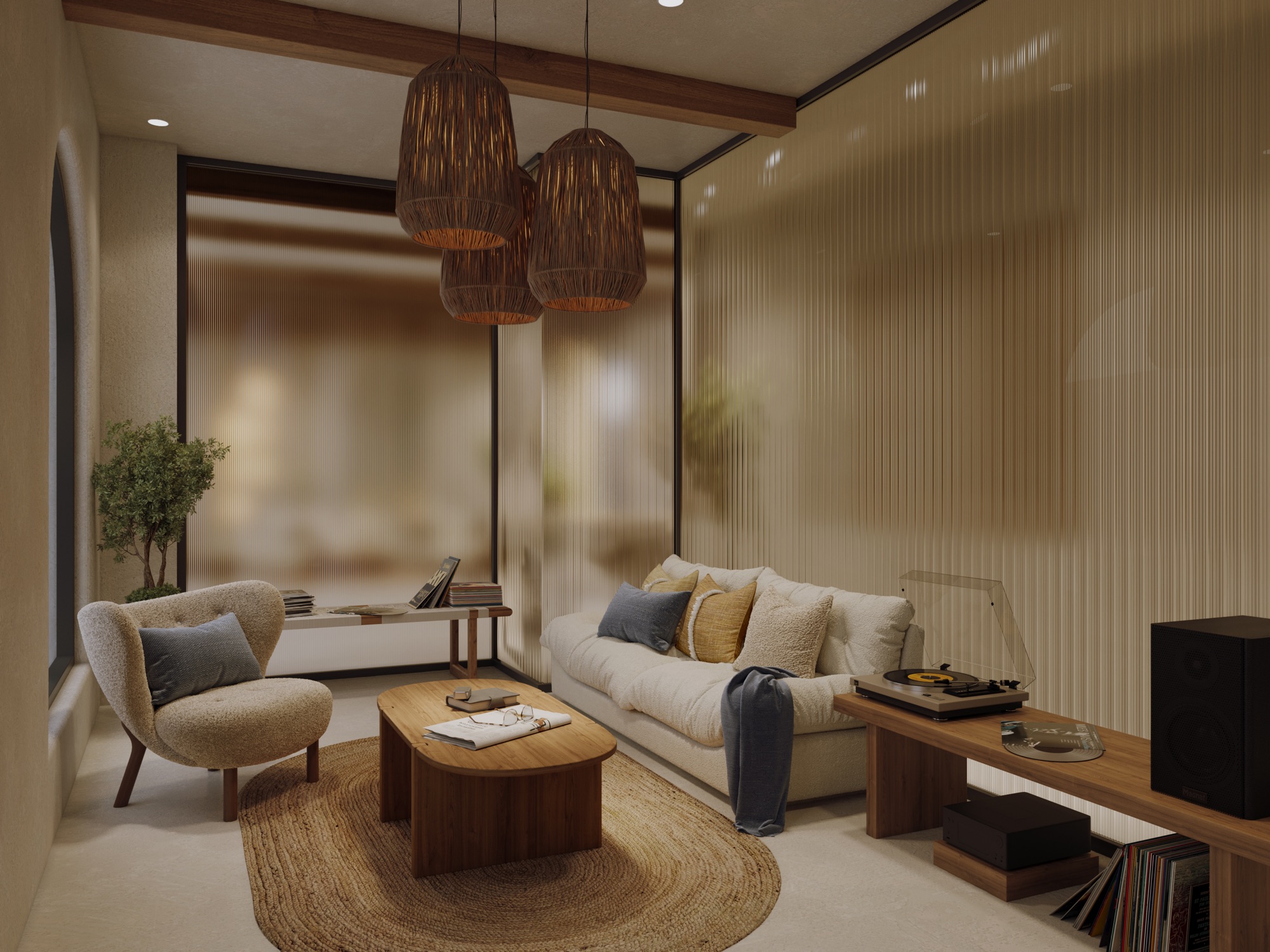 A listening-room design with records, books and woven seating — design visualisation