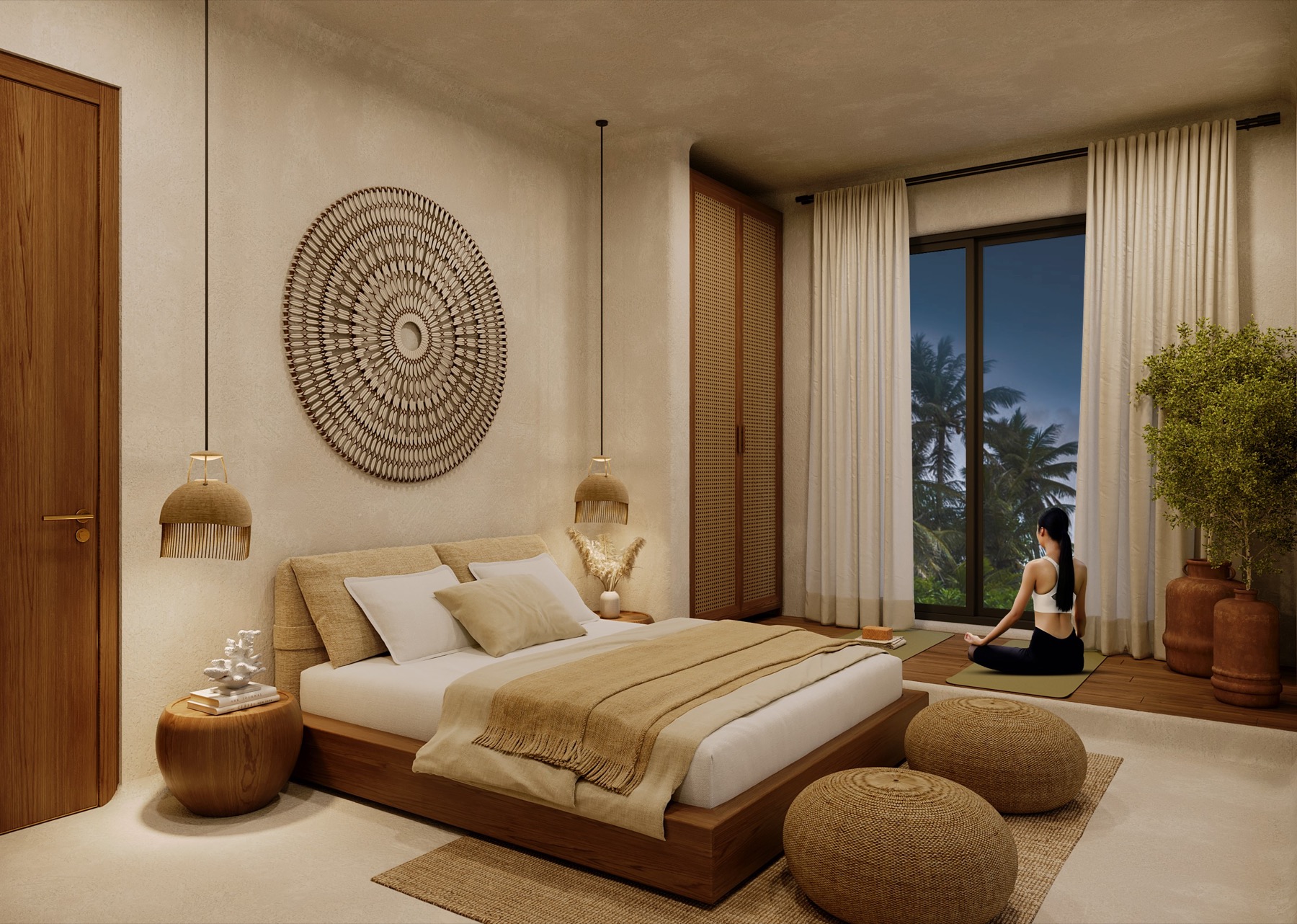 A Morii bedroom design visualisation with natural fibres, timber and a place beside the window