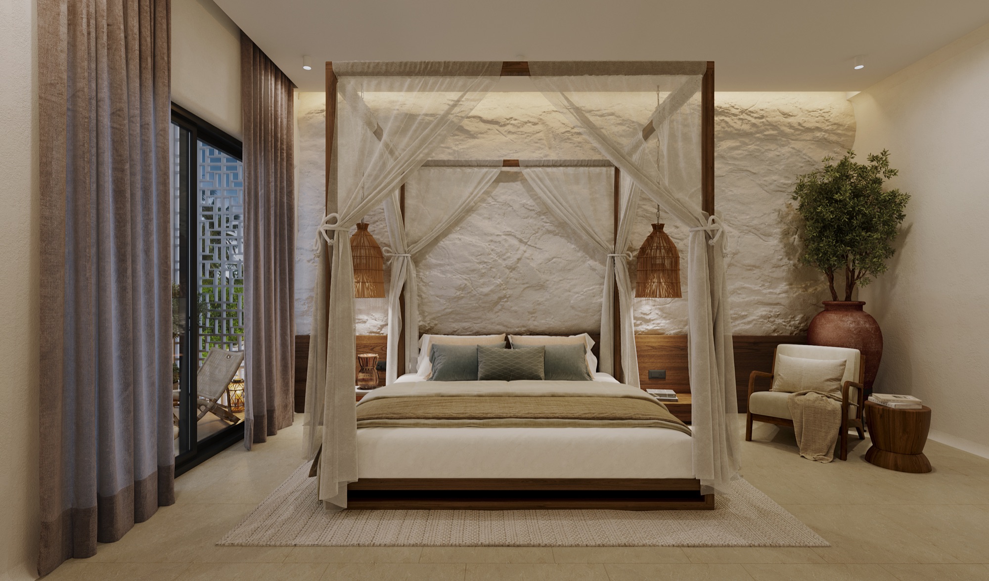 A four-poster bed, natural textures and soft fabric in a Morii bedroom — design visualisation