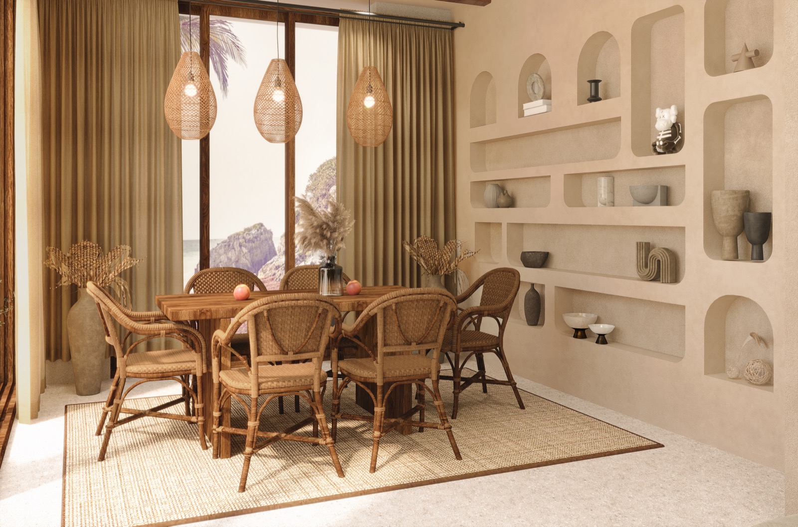 A dining table framed by warm timber, woven seats and pendant lighting