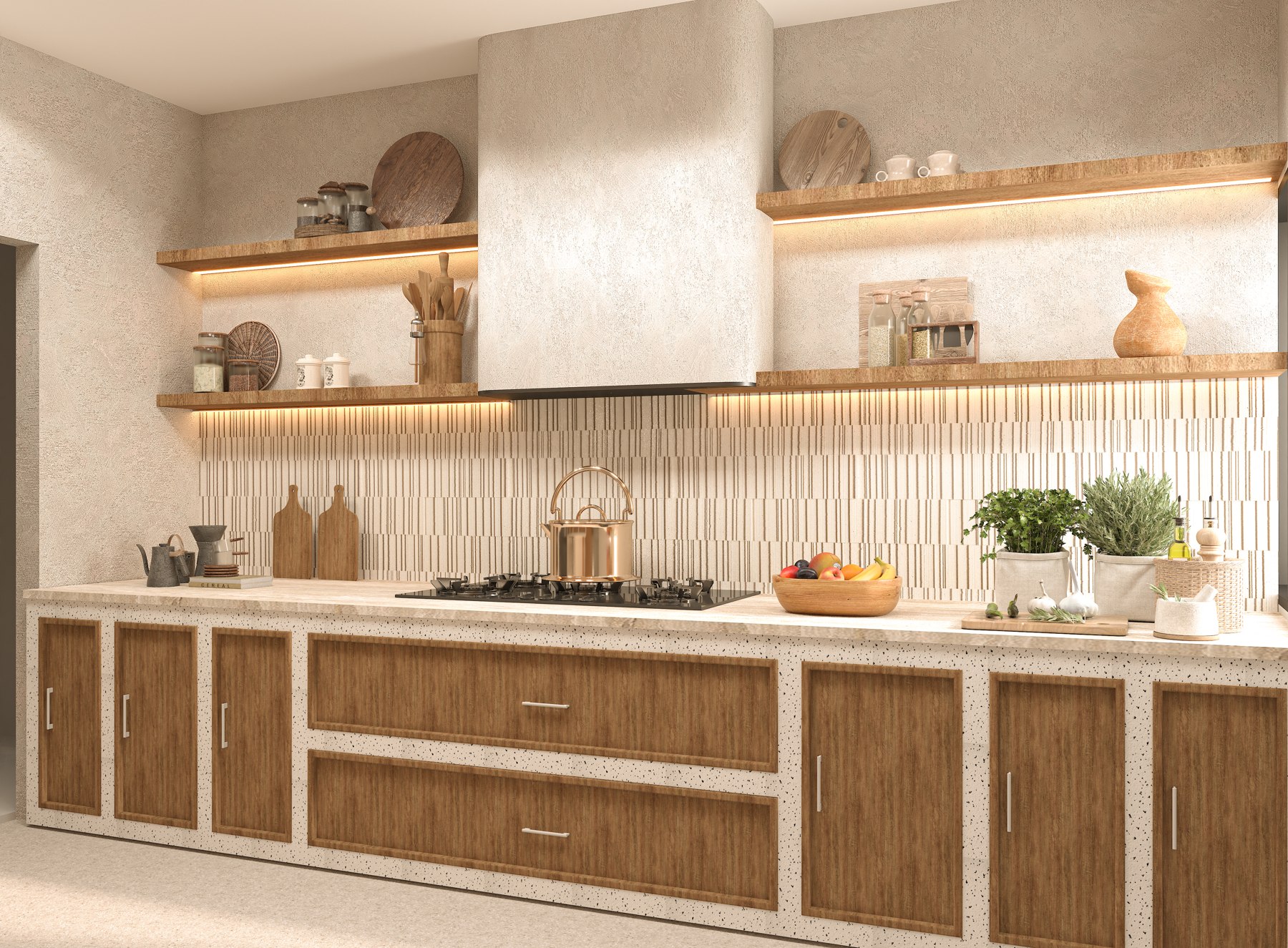 Timber cabinetry, textured surfaces and open shelving in a Morii kitchen design visualisation